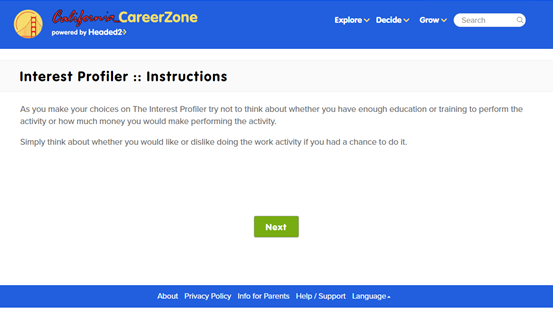 Screenshot of Interest Profiler Instructions