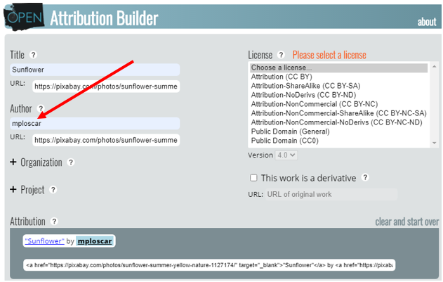 Screenshot of Open Attribution Builder: Author