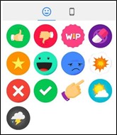 Display of colorful stickers like thumbs up, thumbs down, star, happy face, sad face, X, and checkmark.