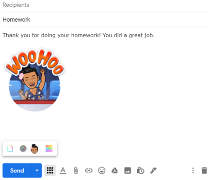 Image of a new email with Homework as the subject. An Alisa Bitmoji is in the body of the email with Woo Hoo on top.