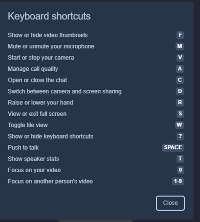 Keyboard shortcuts offer easy access to commands, such as Show or hide video thumbnails (F), Mute or unmute your microphone (M), Start or stop your camera (V), Manage call quality (A), Open or close the chat (C), Switch between camera and screen sharing (D), Raise or lower your hand (R),  View or exit full screen (S), Toggle tile view (W), Push to talk (Space key), Show speaker stats (T), Focus on your video (0), and Focus on another person’s video (1-9)
