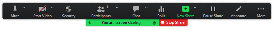 Share Screen Toolbar: Screenshot of the Share Screen Toolbar which is similar to the basic toolbar, however, the Share changes to New Share and the Pause Share button is added.
