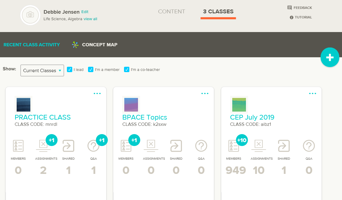 image of three classes created through cK-12. Images of three classes: Practice Class, BPACE Topics and CEP July 2019.