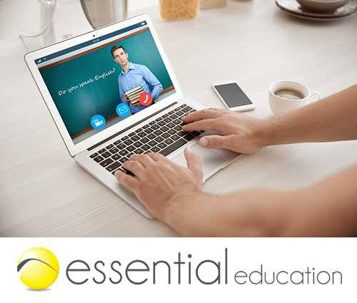 Person using an online course on a laptop with Essential Education logo.