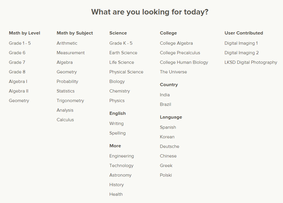 List of subjects currently available at CK-12. Math by Level, Math by Subject, Science by level and subject, English, More (including engineering, technology, astronomy, history and health), college level courses, Countires, Languages and User Contributed subjects.