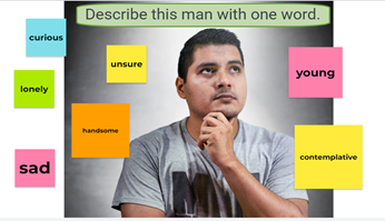 Background visual of man holding chin with hand and looking up and to the right. Task on frame is Describe this man with one word. Various sticky notes around picture with words curious, lonely, sad, unsure, handsome, young, and contemplative.