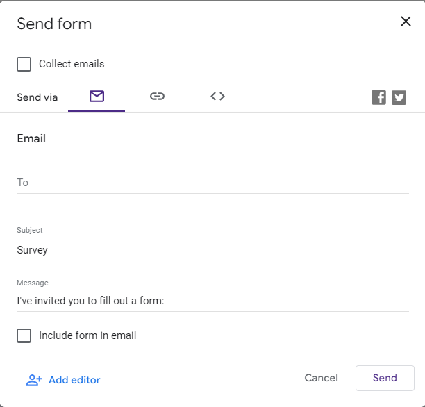 Send form window. Choices include send via email, link, embed code, collect emails, and add editor.