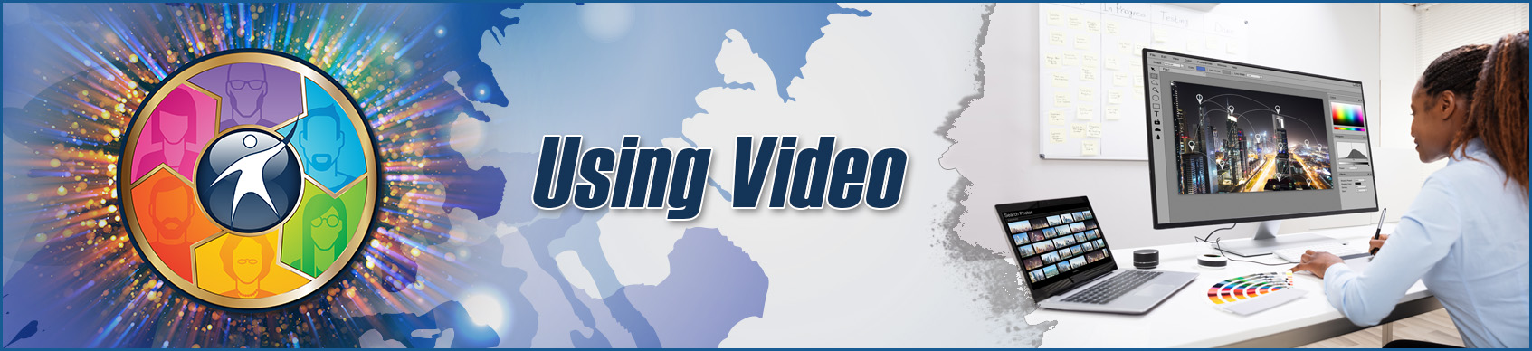 Using video banner - Graphic composite with OTAN logo and woman using video editing software