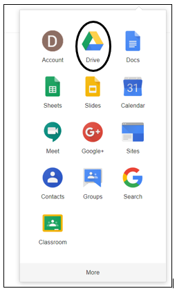Google apps box with Drive command circled