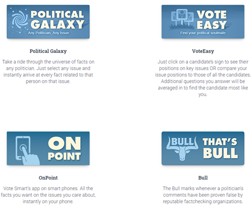 Screenshot with buttons for the four tools on the Vote Smart websites: : Political Galaxy, Vote Easy, On Point, and That’s Bull