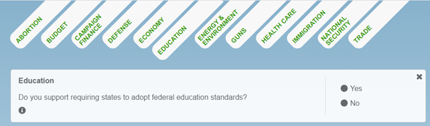 screenshot from the Vote Easy section of the website Vote Smart that shows the issues you can respond to in order to find the presidential candidate that matches your political beliefs.