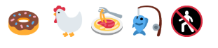 Screenshot of five random emoji from byrdseed.com: donut, chicken, plate of spaghetti, fish on a fishing pole, do not cross sign