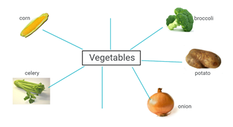 Word vegetables in center box. Lines extend from that to visuals and labels of corn, broccoli, potato, celery, and onion.