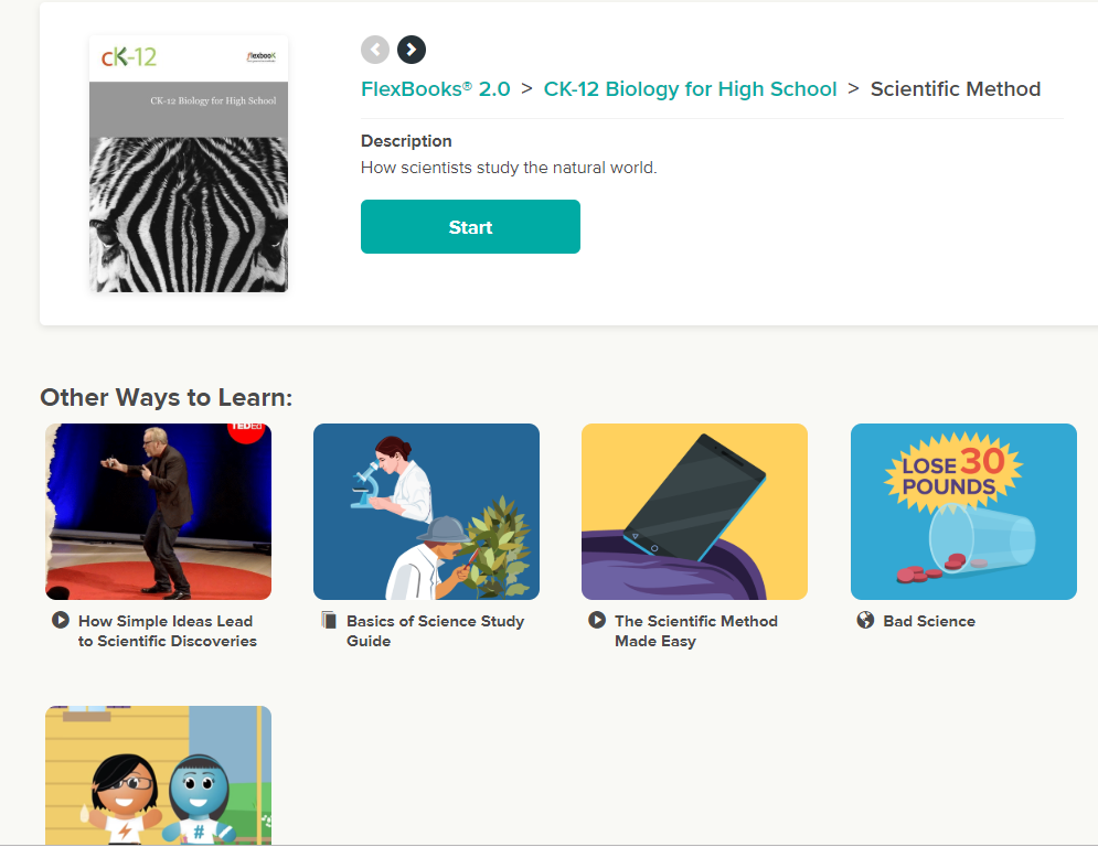 Overview of Flexbook 2.0 Biology for High School Scientific Method. Other Ways to Learn including TED Talk, Basics of Science Study Guide, The Scientifc Method Made Easy and Bad Science.