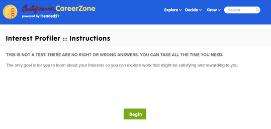 Screenshot of Interest Profiler Instructions