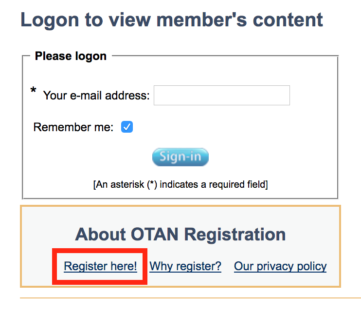 Screenshot of OTAN.us login box with 'Register Here' highlighted.
