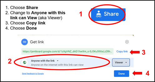 1. Choose Share. 2. Change to Anyone with this link can view (aka Viewer). 3. Choose Copy link. 4. Choose Done.