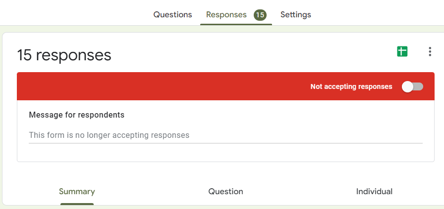 Responses tab screenshot. 15 responses. Form is turned off. Tabs of Summary, Question, and Individual are below.
