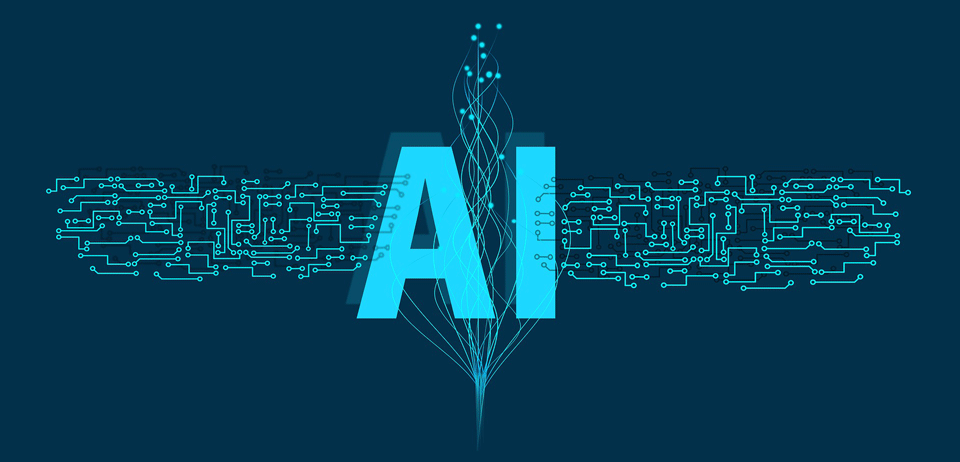 Graphic with the letters AI and computer imagery behind it.