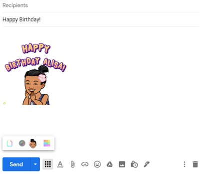 Image of a new email with Happy Birthday in the Subject line. An Alisa Bitmoji is in the body of the email with Happy Birthday Alisa at the top.