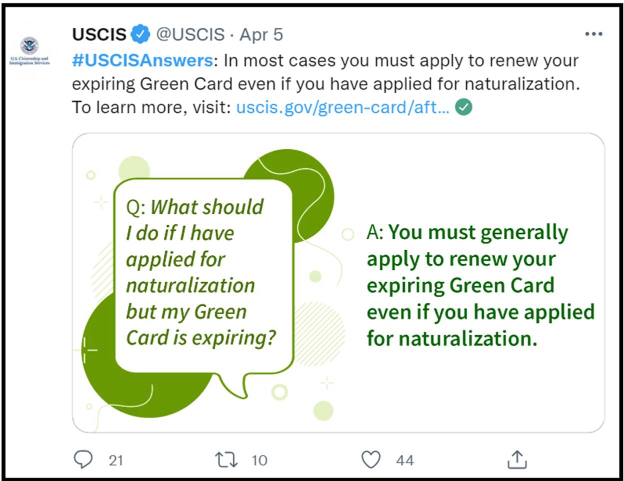 Screenshot of Twitter post from USCIS