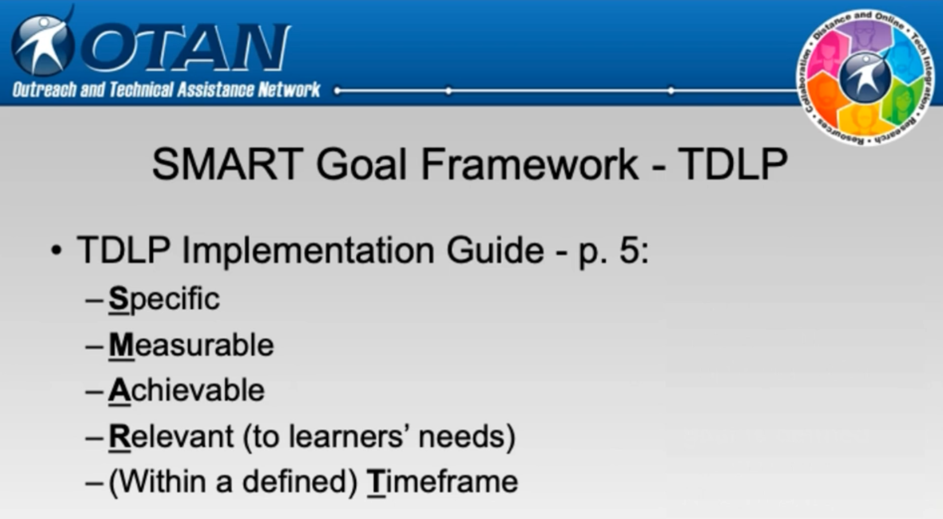 SMART Goal Framework slide. Specific, Measurable, Achievable, Relevant (to learners' needs), (Within a defined) Timeframe