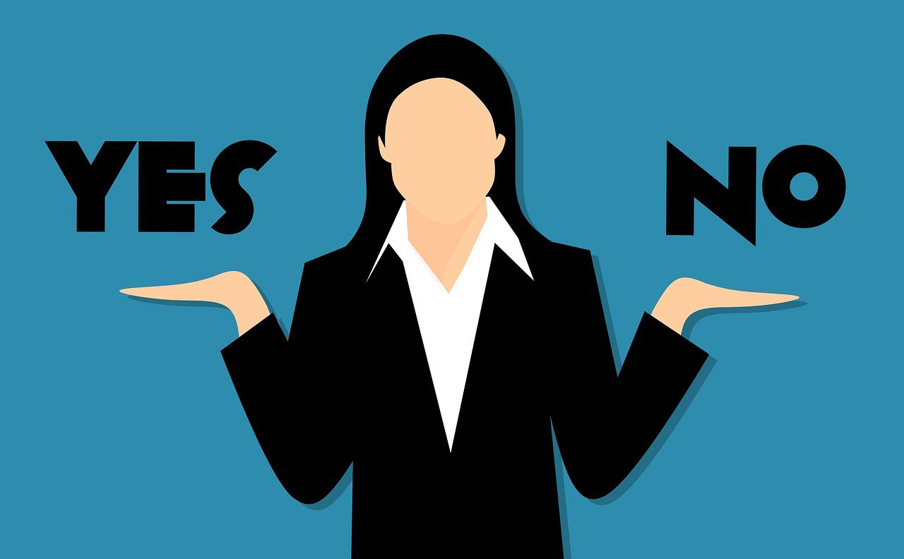 Clipart of woman holding hands out, with Yes and No above them.