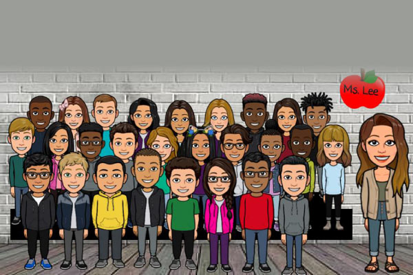 Image of a Bitmoji class of students and a teacher. Students are standing on bleachers and the teacher is standing to the right.  There is a picture of an apple on the wall with the words Mrs. Lee.