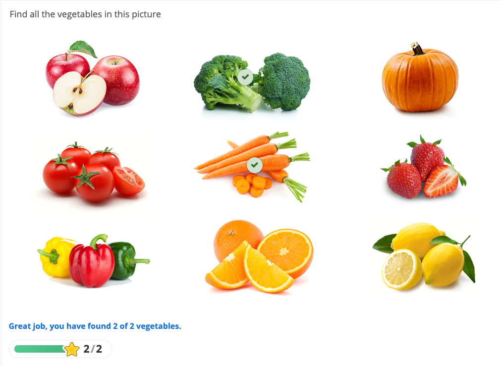 Fruits and Vegetables - Shows  nine pictures of fruits and vegetables. Directions state "Find the vegetables in this picture. Broccoli and carrots are checked.