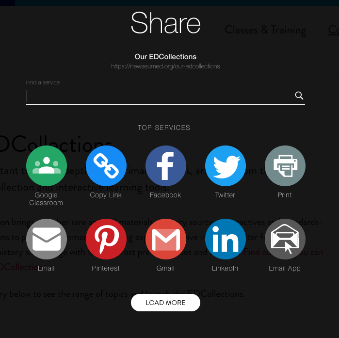 Title: Share - Description: Showsd numerous way that resources can be shared such as Google Classroom, Copy Link, Facebook, Twitter, Print, Email, Pinterest, Gmail, LinkedIn and Email App. There is also a link at the bottom of the page labeled Load More.