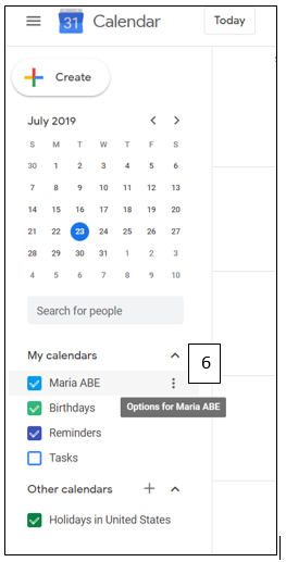 Side of Google Calendar where different calendars are listed. One has been selected. Three vertical dots appear beside the number 6).