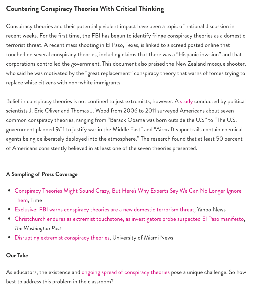 Title: Countering Conspiracy Theories With Criticsal Thinking - Description: Shows an article on  Conspiracy Theories from their Newsletter and a sampling of press coverage.