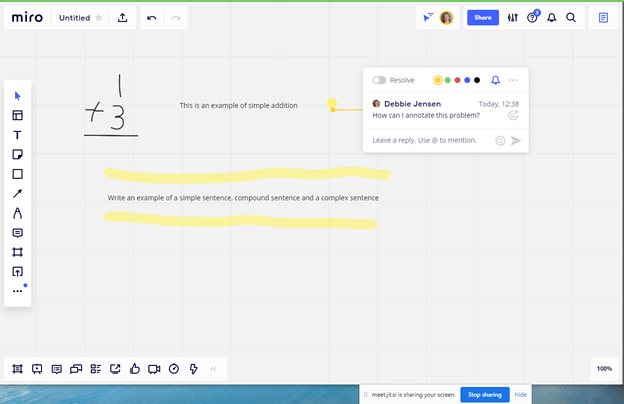 Miro whiteboard with a written equation, typing comments, and highlighted assignment.