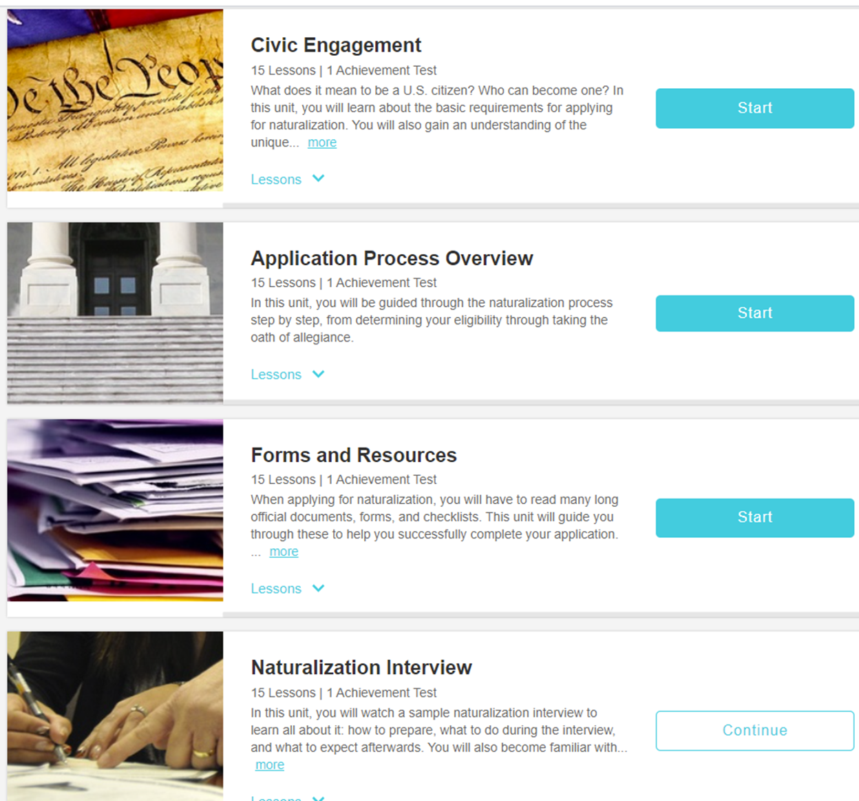 Screenshot: Voxy EnGen Citizenship Course has 4 modules: Civic Engagement, Application Process, Forms, and Naturalization Interview