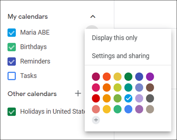 Calendar settings and sharing command available to choose.