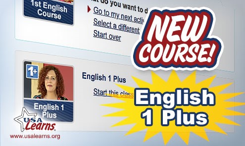 Close up image of USA Learns homepage with text New Course! English 1 Plus