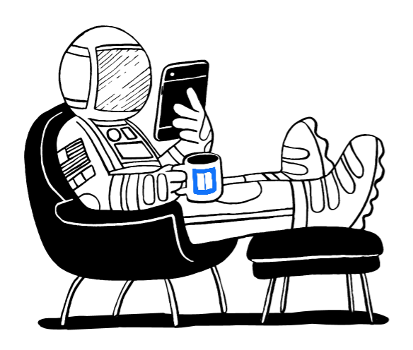 Clip Art of Astronaut sitting in a chair, drinking coffee and looking at tablet