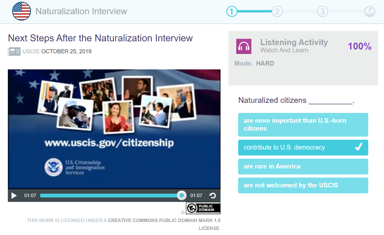 Screenshot: Voxy EnGen Citizenship course: Students become empowered new American citizens