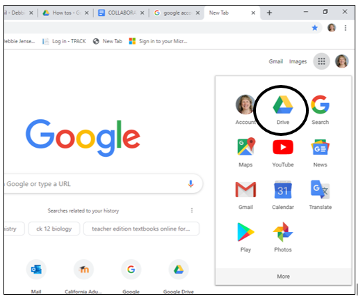 screenshot of Google Apps box opened and Drive circled