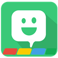 Image of Bitmoji icon. It is a green background with a white chat box and a green happy face. There is a ribbon of Google colors underneath.