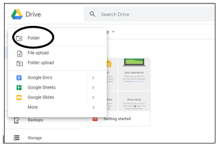 Google Drive opened and Folder command circled