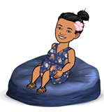 Image of Alisa Bitmoji at a slight angle sitting on the blue beanbag.