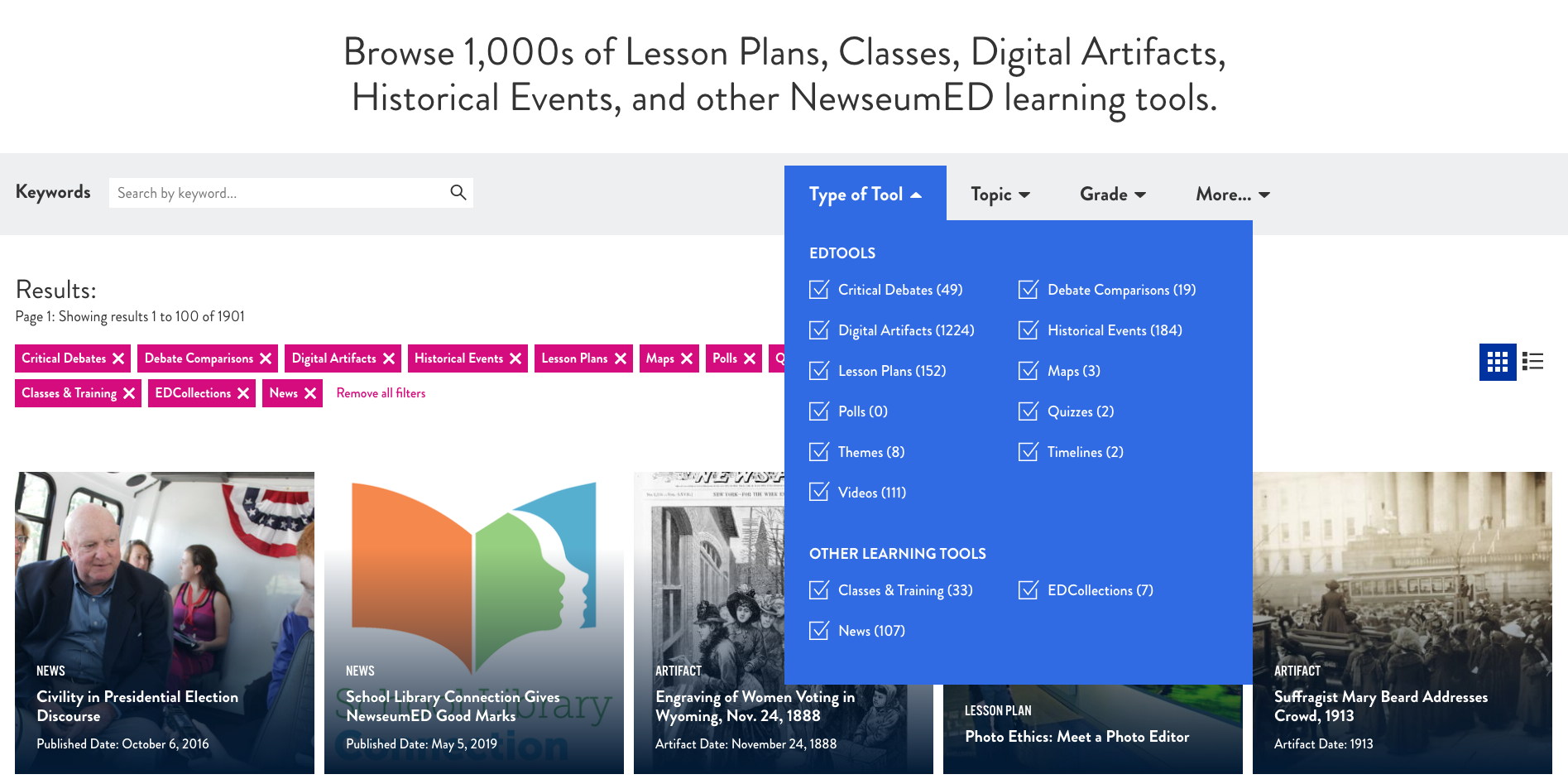 Title: Browse 1,000s of  - Description: Screenshot of the Tools page with tabs for Topic, Grade, and More. . . Type of Tool is selected and different EDTOOLS are selected such as Critical Debates, Digital Artifacts, Lesson Plans, Polls, Themes, Videos, Debate Comparisons, Historical Events, Maps, Quizzed, and Timelines.