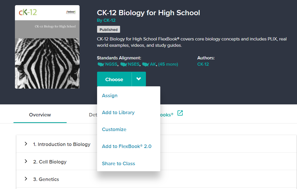 CK-12 Biology for High School. Book's cover shows closeup of zebra. Drop down menu of commands including Assign, Add to Library, Customize, Add to FlexBook 2.0, Share to Class.