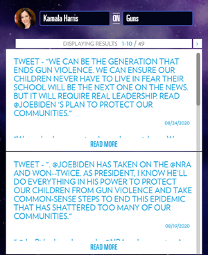 Screnshot of Kamala Harris's tweets about guns from the Political Galaxy section of the website Vote Smart