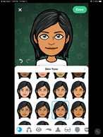 Image of the beginning stage of creating a Bitmoji. Picture of Alisa Bitmoji with different hairstyles to choose from. Options on the bottom of the screen to change facial features, body styles, and clothing.