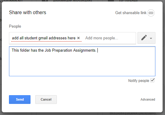 Screenshot of Share with Others Dialogue box. Add all student gmail addresses on the People line