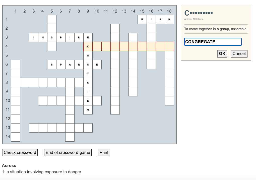 Screenshot of Crossword puzzle