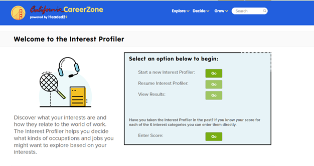 Screenshot of Welcome to the Interest Profiler