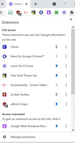 Screenshot of puzzle piece selected in the Chrome extensions toolbar with a list of extensions below, some with a blue clickable pushpin used to add to the toolbar
